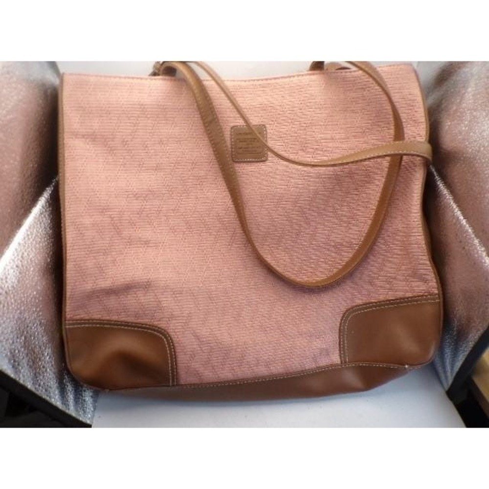 Liz Claiborne Pink Woven Tote Bag Brown Trim Shoulder Bag Casual Carry 14"by14"